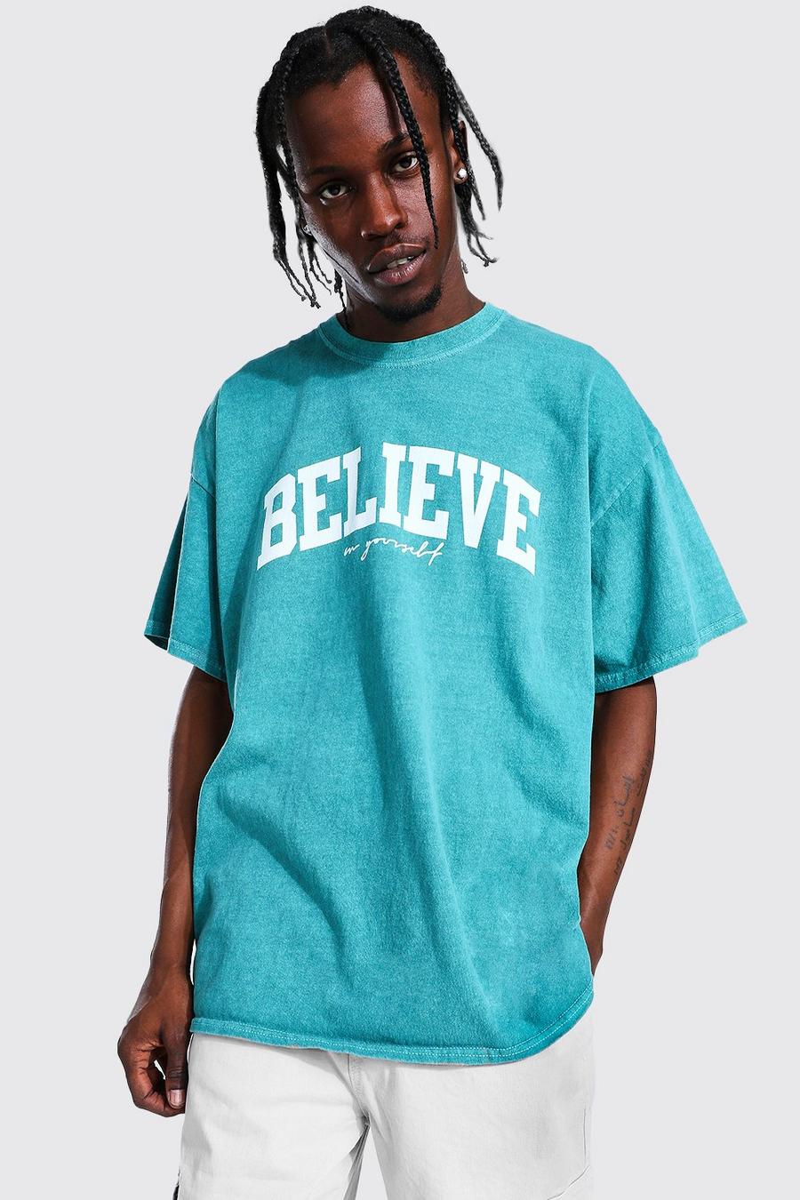 Green Oversized Believe Graphic Overdyed T-shirt image number 1