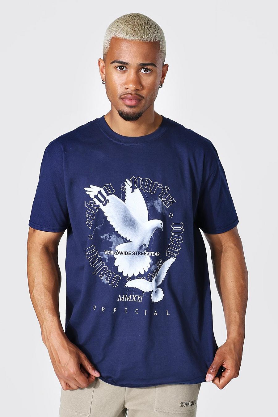 Camiseta ancha con gráfico de paloma, Azul marino image number 1