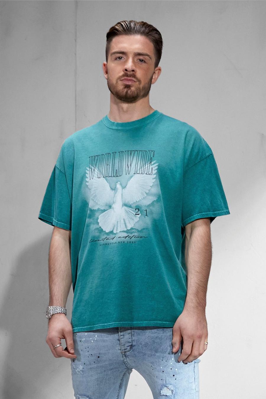 Gefärbtes Oversize T-Shirt mit Tauben-Print, Green image number 1