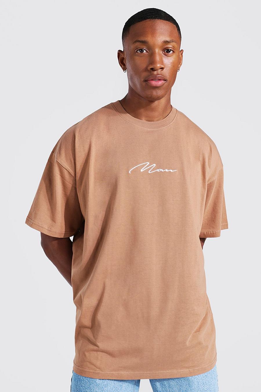 Oversize Man Signature Crewneck T-Shirt, Brown image number 1