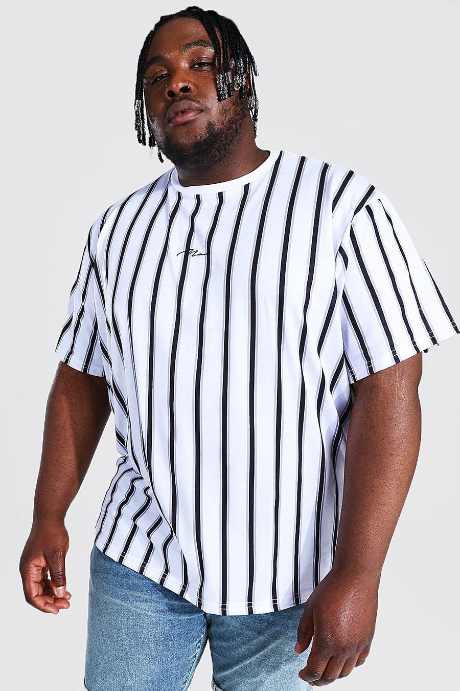 White Plus Size Baggy Gestreept Man T-Shirt image number 1