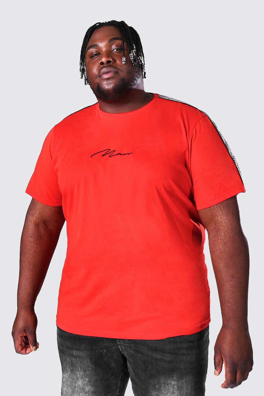 Plus Size Man Script Jacquard T-Shirt mit Streifen, Red image number 1