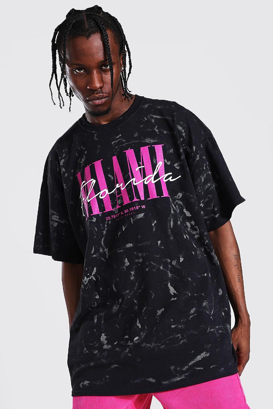 Camiseta oversize con estampado gráfico y lavado de ácido de Miami, Charcoal image number 1