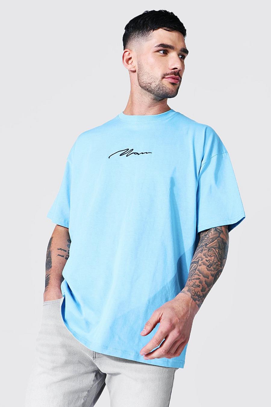 Blue Oversized Man Signature Embroidered T-shirt image number 1