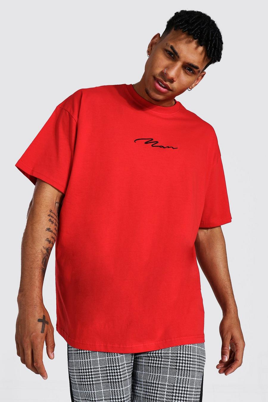 Red Oversized Man Signature Embroidered T-shirt image number 1