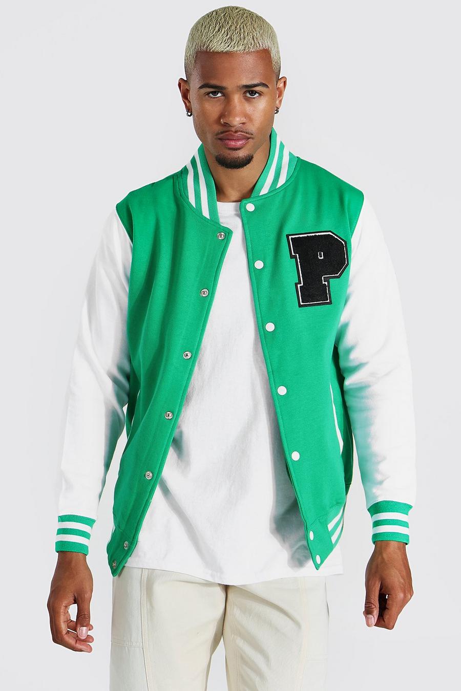 Green Jersey Varsity P Badge Bomber With Sports Rib image number 1