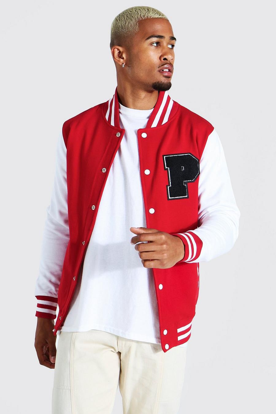 Red Jersey Varsity P Badge Bomber With Sports Rib image number 1