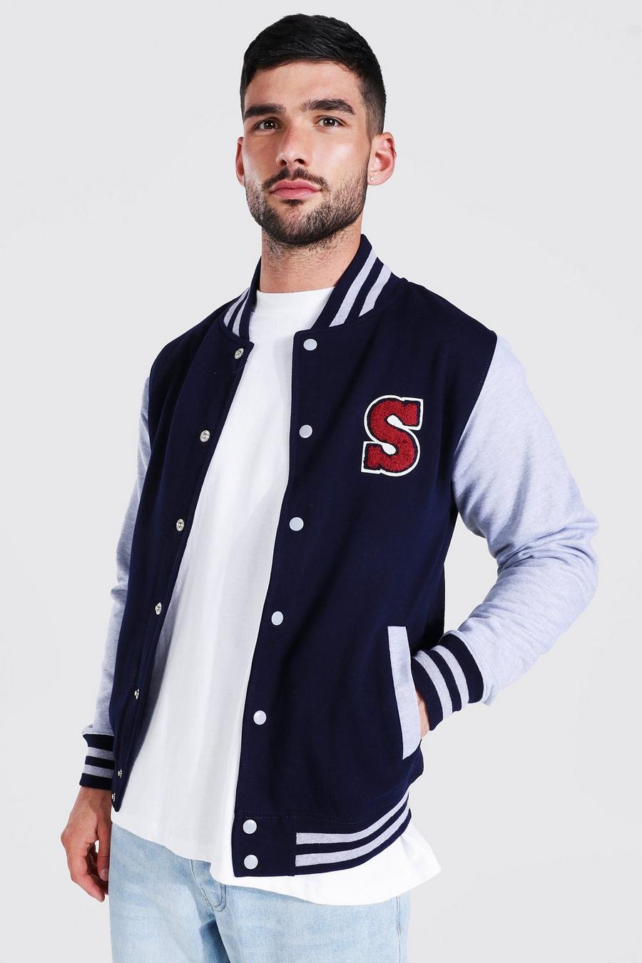 Giacca Bomber stile Varsity in Jersey con stemma S, Navy image number 1