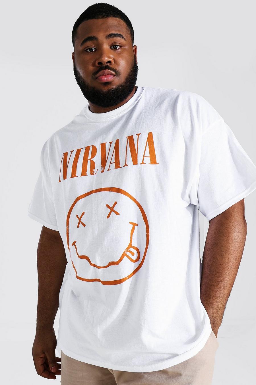 T-shirt Plus Size effetto consumato con stampa ufficiale dei Nirvana, Bianco image number 1