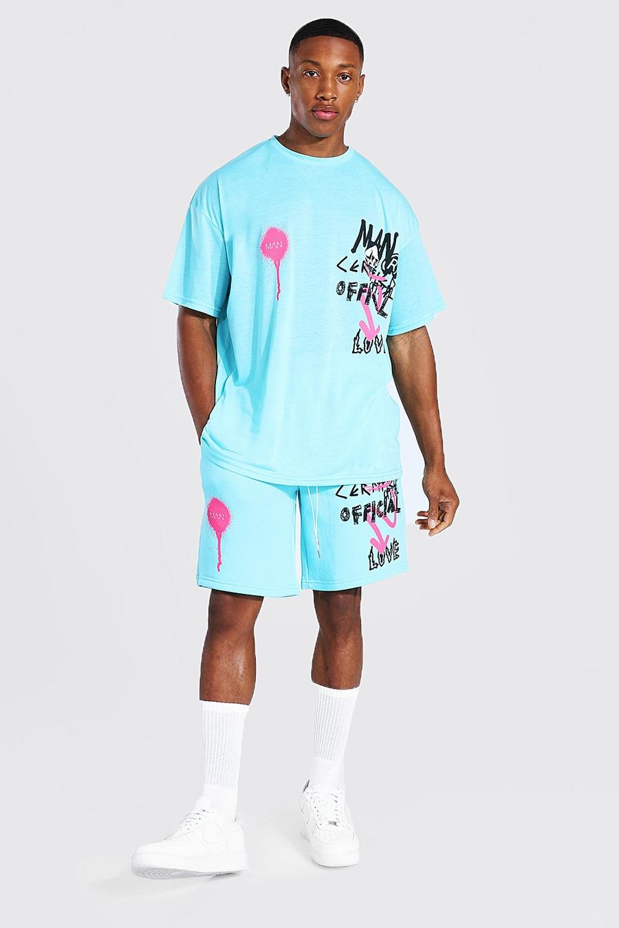 Blue Oversized Graffiti Man T-Shirt En Shorts Set image number 1