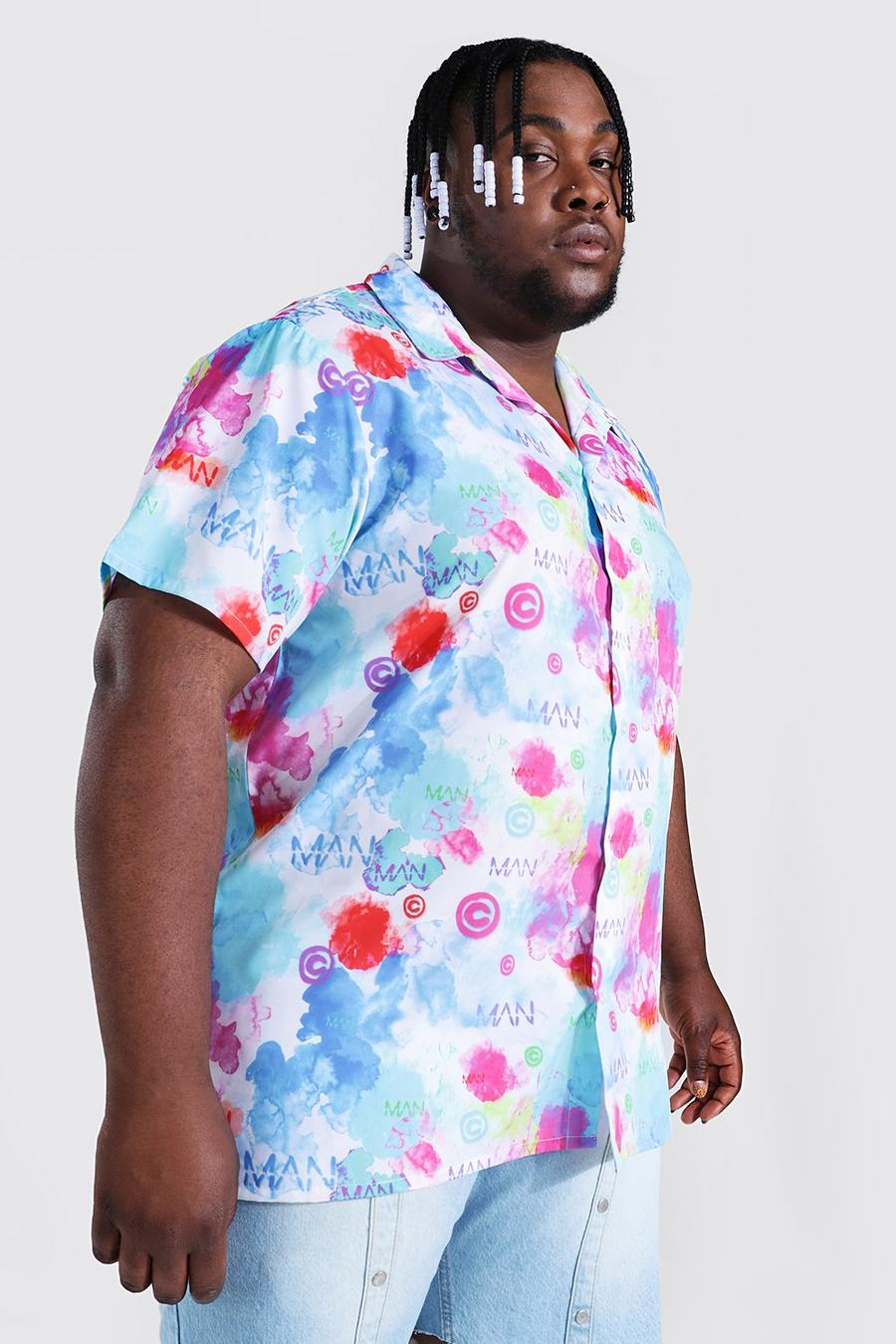 Plus kurzärmliges Man Hemd mit Wasserfarben-Print, Multi image number 1