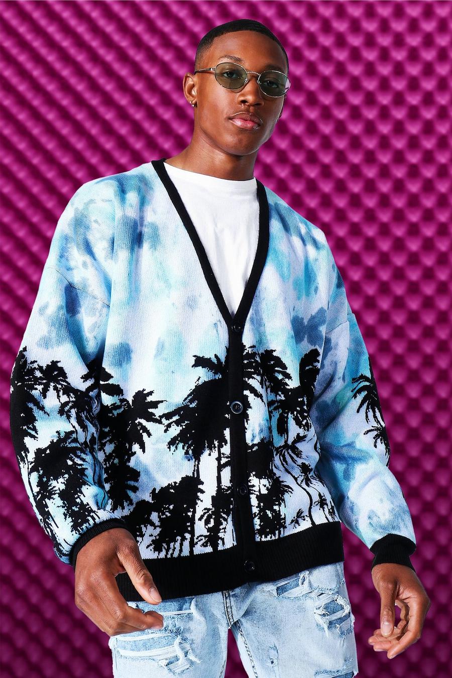 Cardigan oversize in maglia con stampa di palme, Blu acceso image number 1