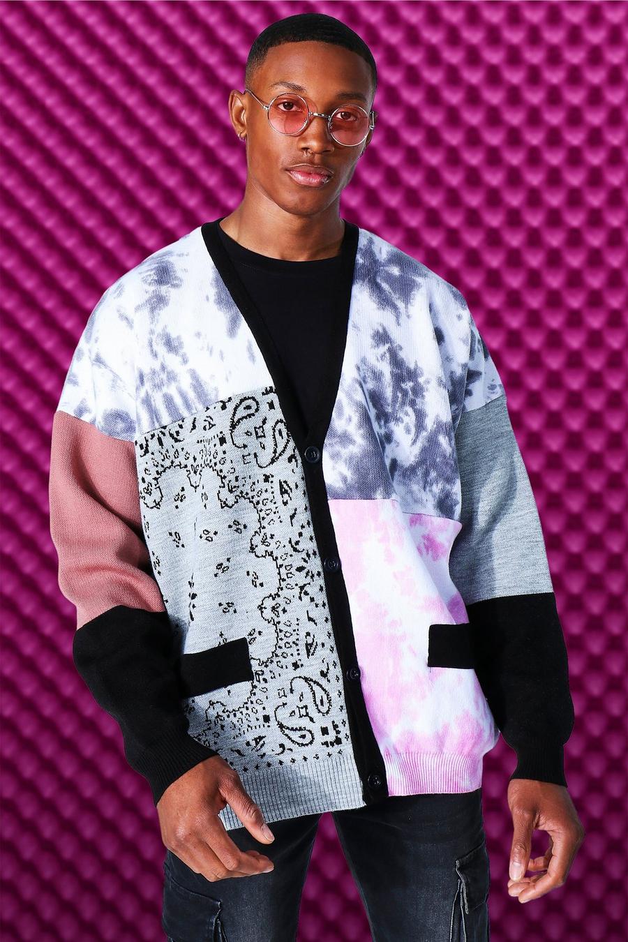Cardigan oversize in maglia con motivo patchwork, Grigio chiaro image number 1