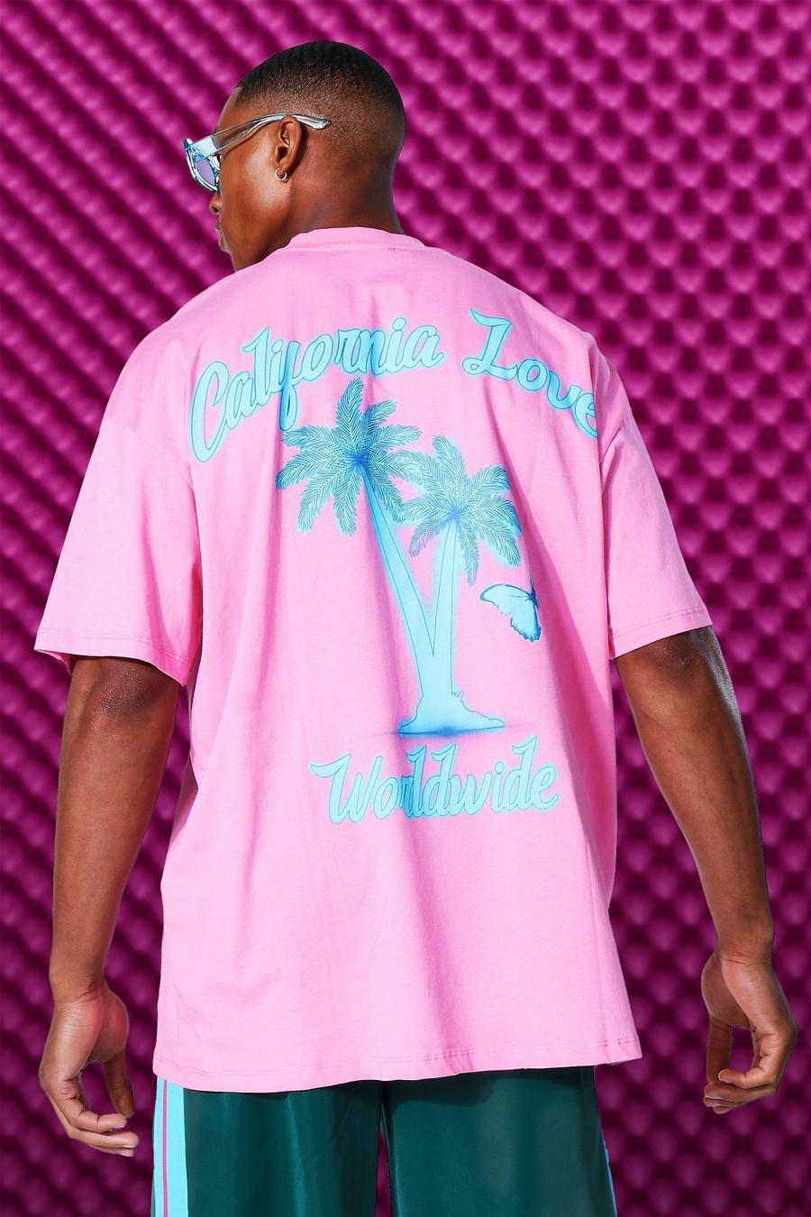 T-shirt imprimé palmier et California au dos coupe oversize, Rose vif pink image number 1