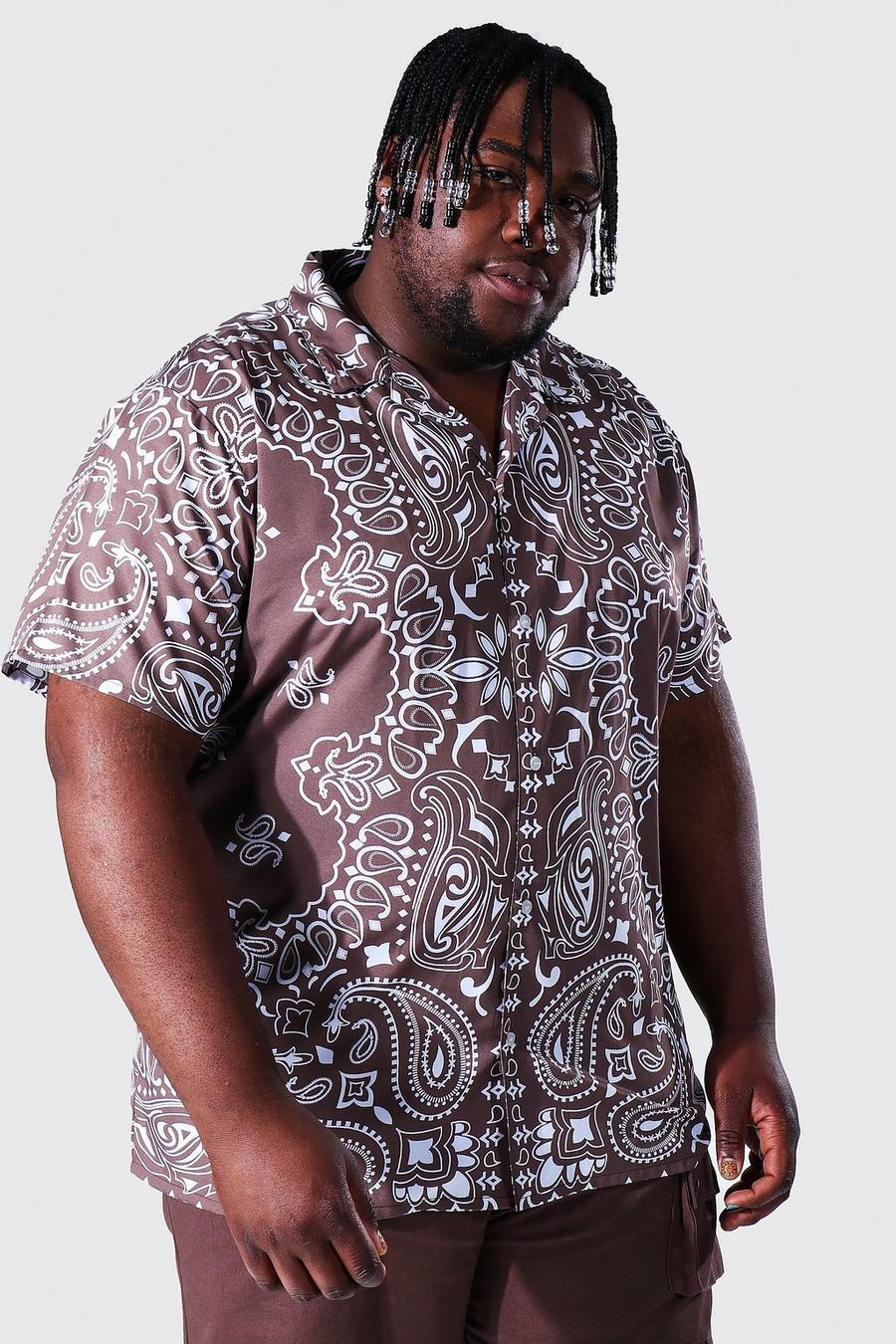 Brown Plus - Kortärmad mönstrad skjorta med bowlingkrage image number 1