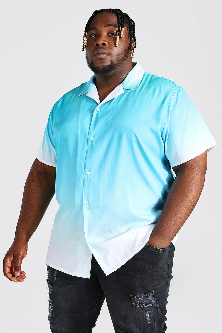 Teal Plus - Kortärmad skjorta med ombréeffekt och bowlingkrage image number 1