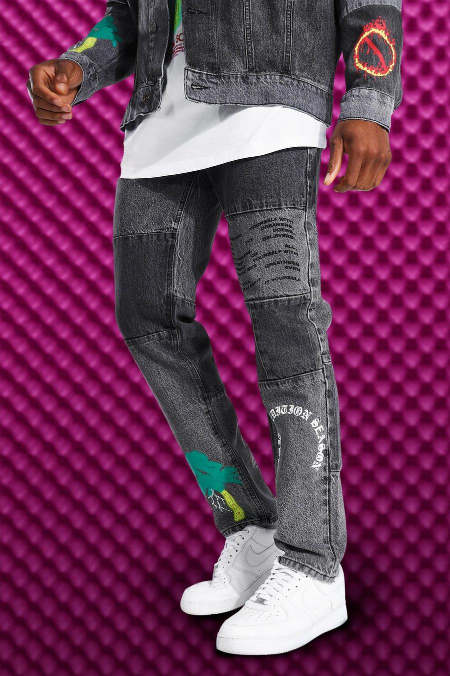 Oversize Patchwork Jeans mit Kette und Palmen-Print, Ice grey image number 1