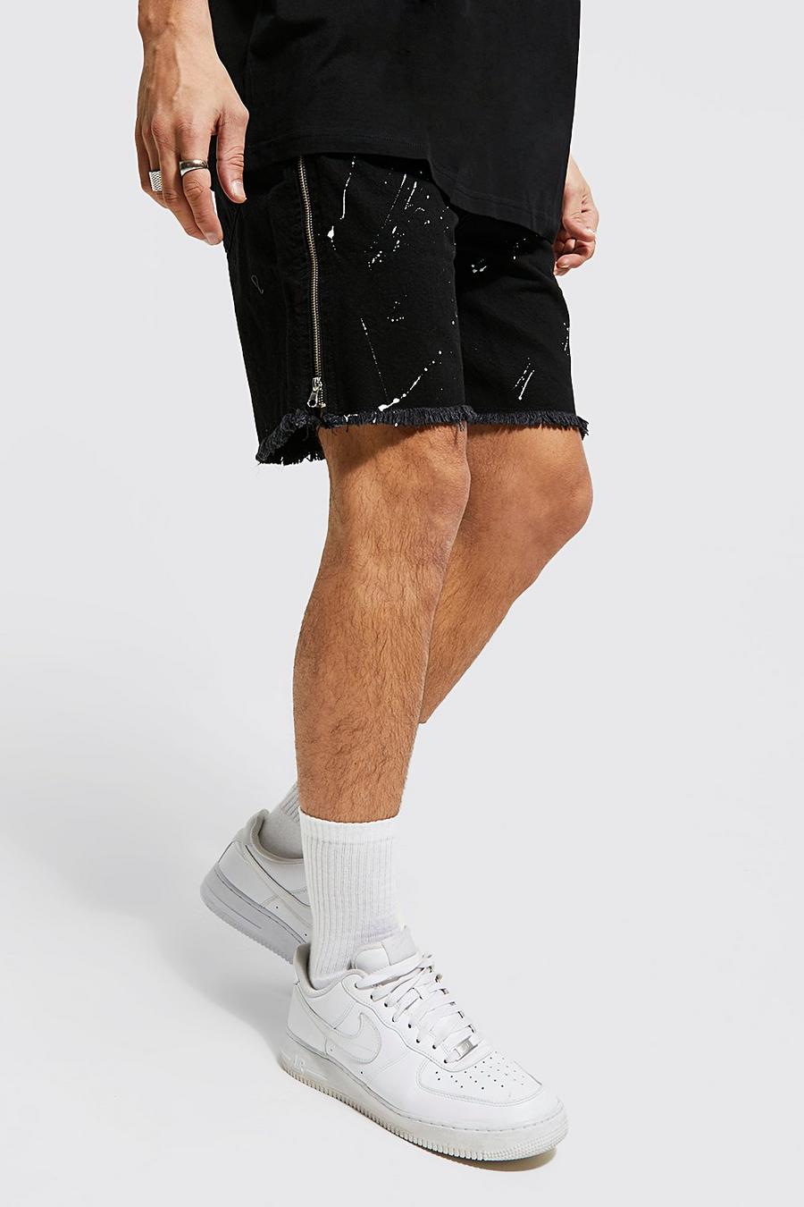 Washed black Relaxed Fit Side Zip Denim Short With Paint image number 1