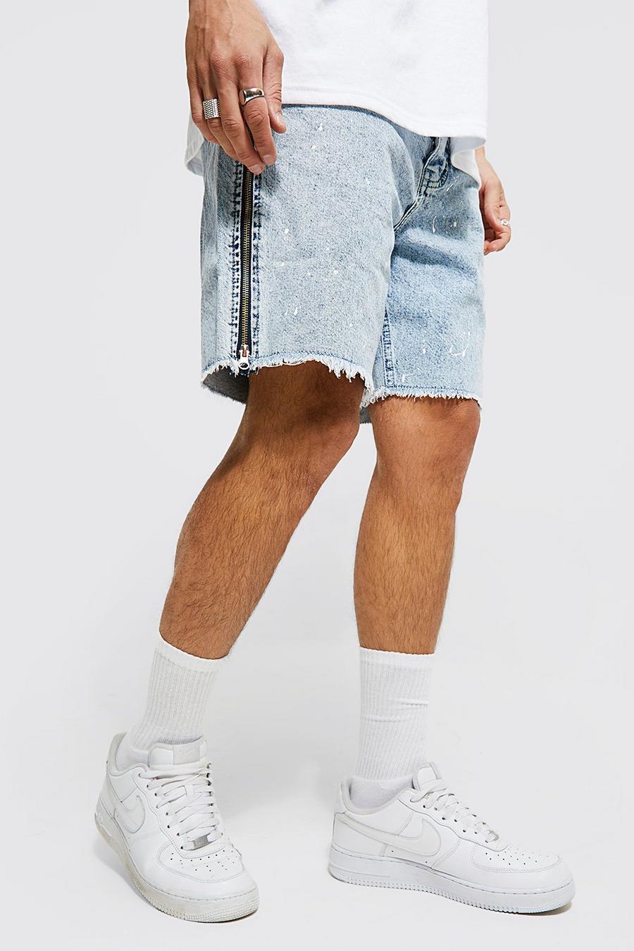 Ice blue Relaxed Fit Side Zip Denim Short With Paint