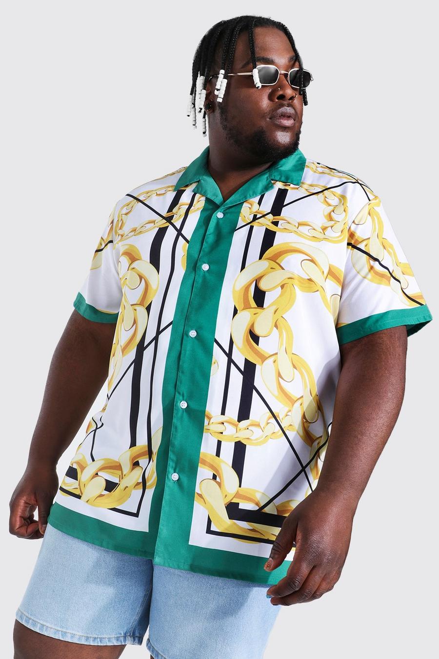 Green Plus Size Short Sleeve Chain Border Shirt image number 1