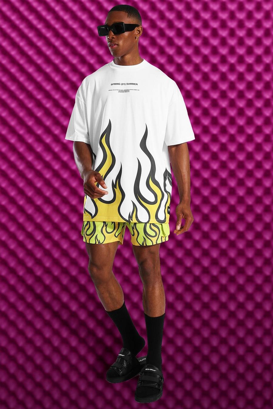 White Oversized Flame T-shirt And Short Set image number 1