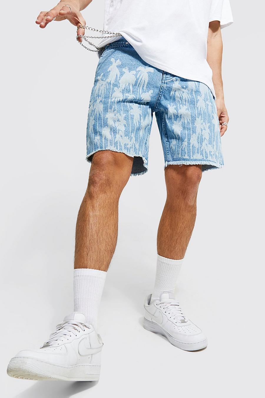 Ice blue Relaxed Fit Palm Print Denim Short image number 1