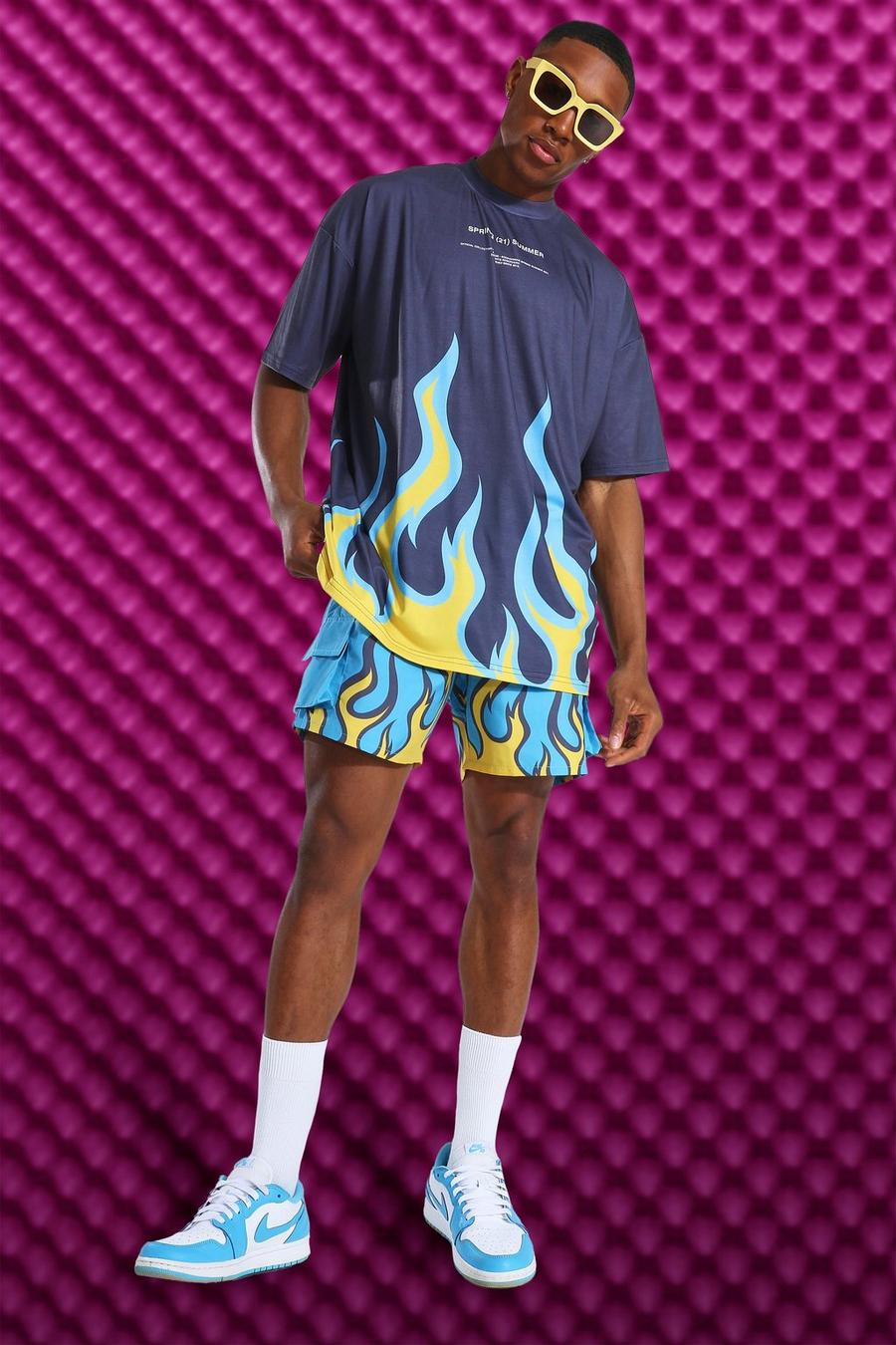 Charcoal Oversized Flame T-shirt And Short Set image number 1