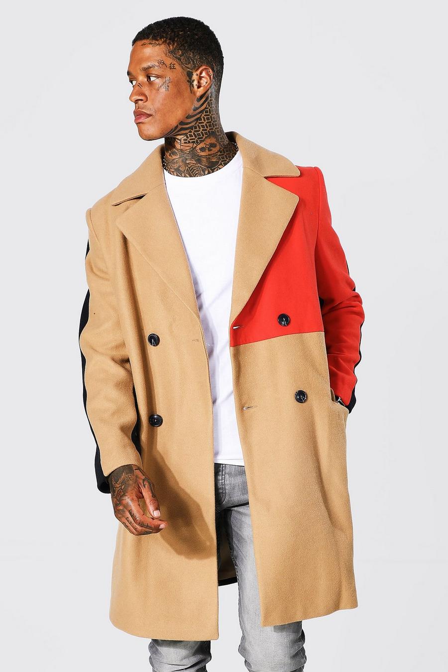 Camel Colour Block Panel Double Breasted Overcoat image number 1