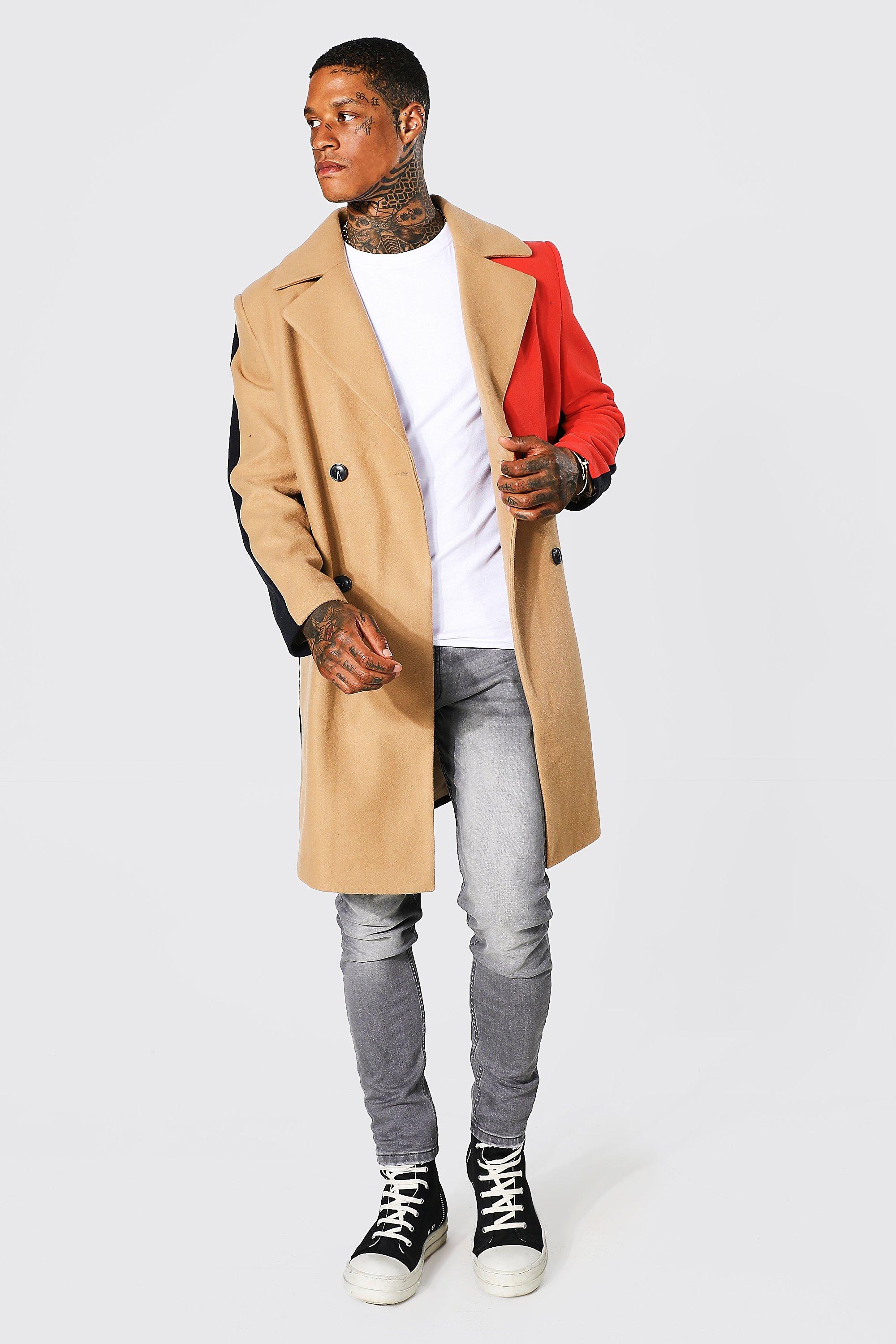 Colour Block Panel Double Breasted Overcoat