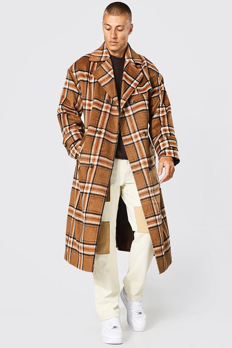 Camel Check Double Breasted Trench Overcoat image number 1