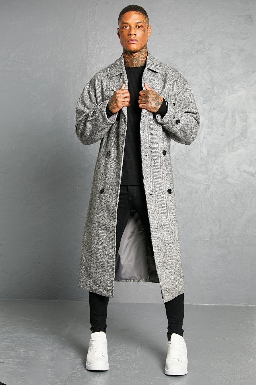 Grey Herringbone Double Breasted Trench Overcoat image number 1