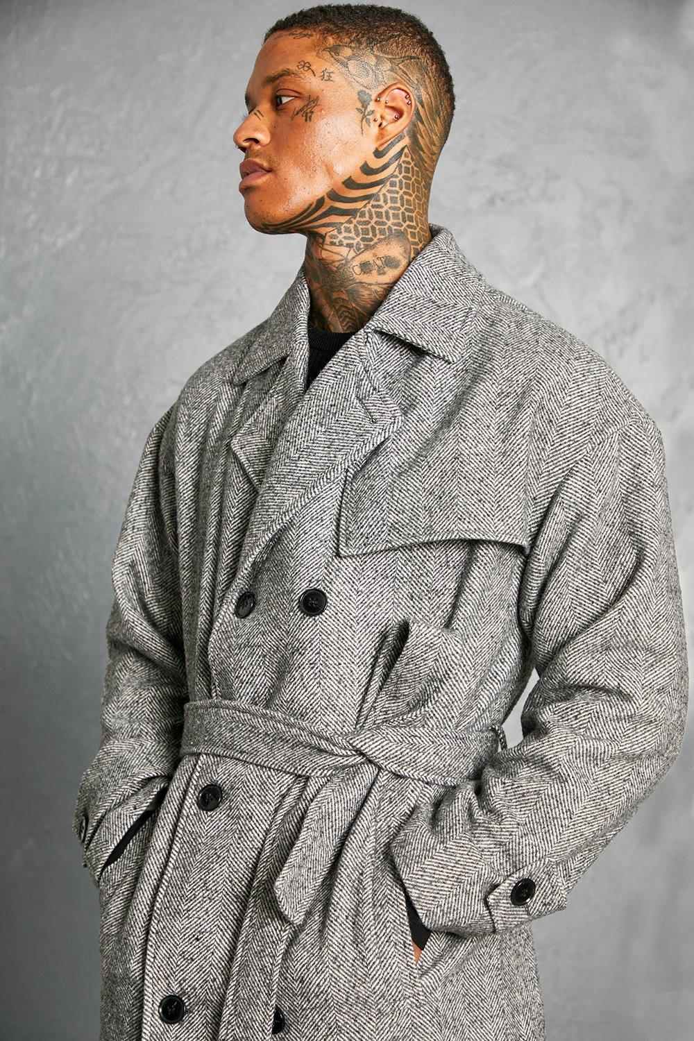 Men s Herringbone Double Breasted Trench Overcoat Boohoo UK