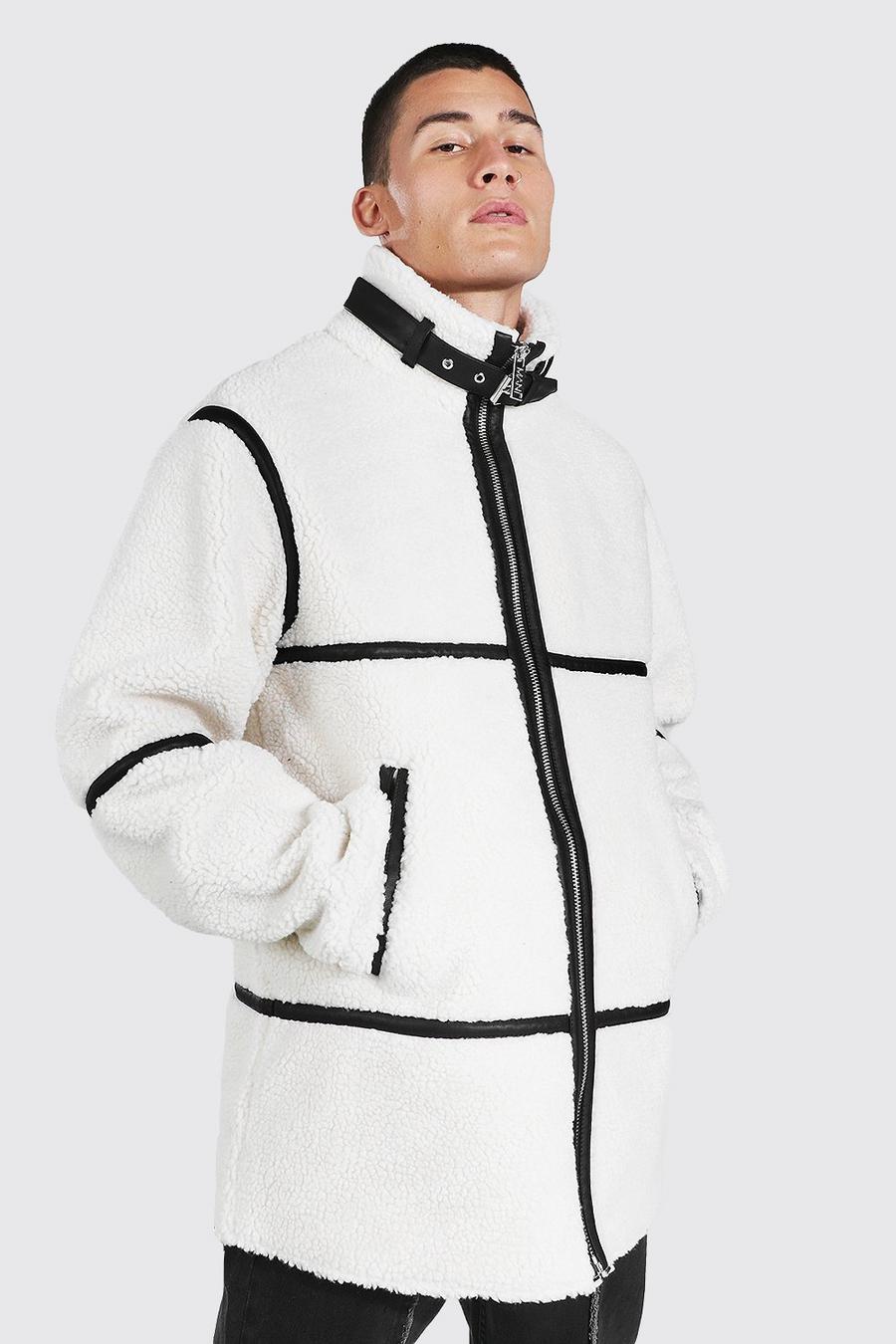 Borg-Jacke mit Kunstleder-Details und Trichterkragen, Ecru weiß