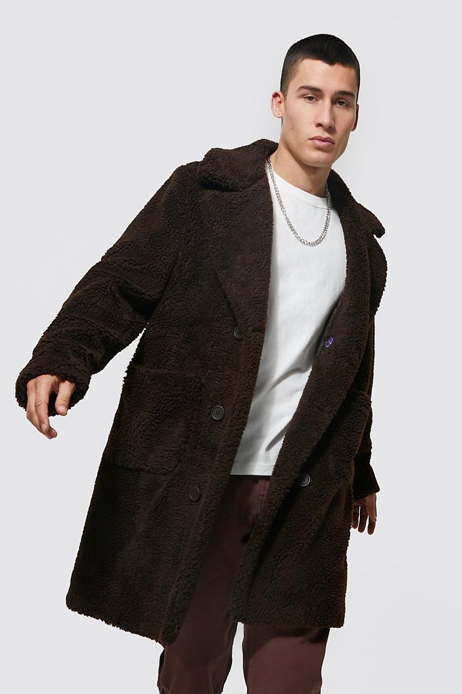 Chocolate brun Double Breasted Borg Overcoat