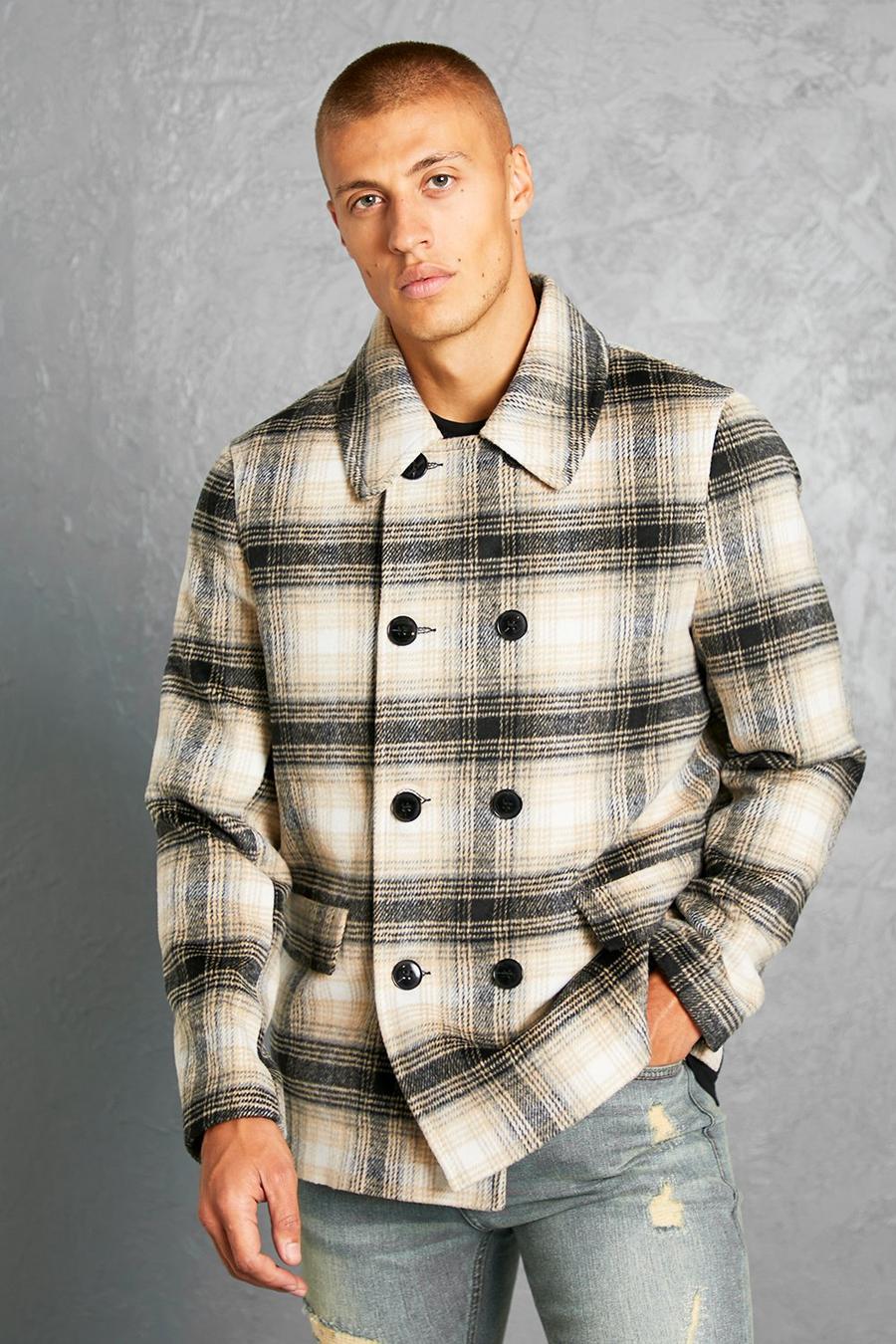 Stone Brushed Check Double Breasted Peacoat image number 1