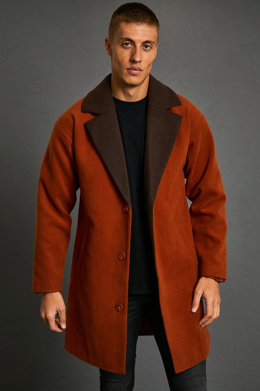 Rust Contrast Collar Single Breasted Overcoat image number 1