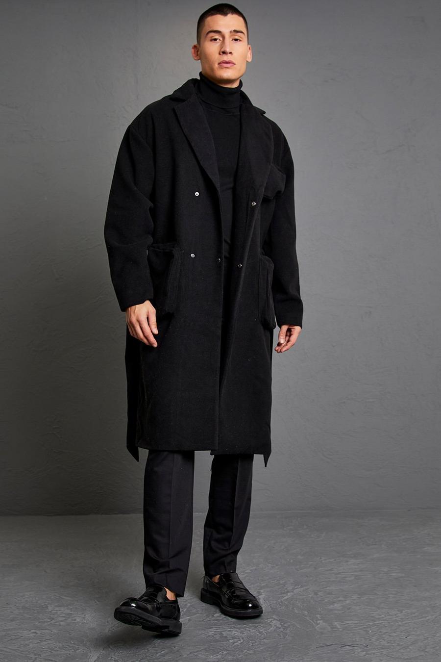 Abrigo utilitario con bolsillos 3D y cinturón, Black negro