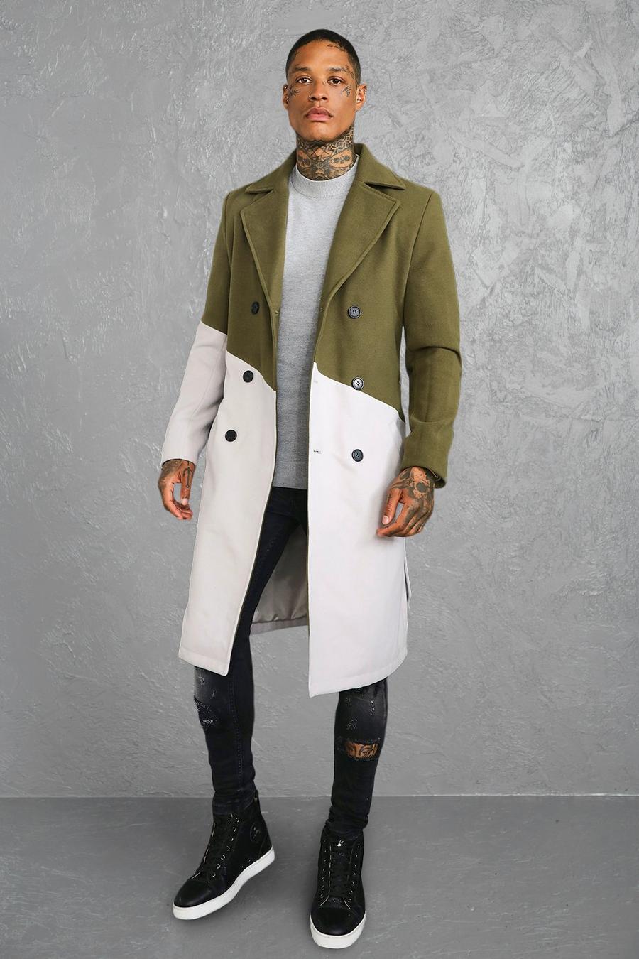 Khaki Colour Block Double Breasted Trench Overcoat image number 1
