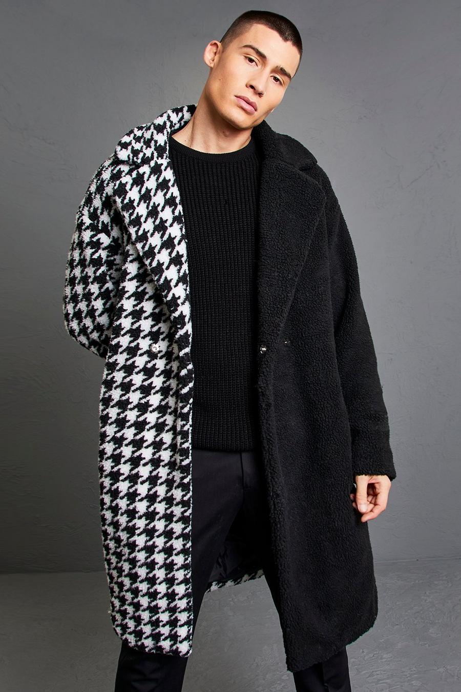 Manteau long bicolore à motif pied-de-poule, Black image number 1