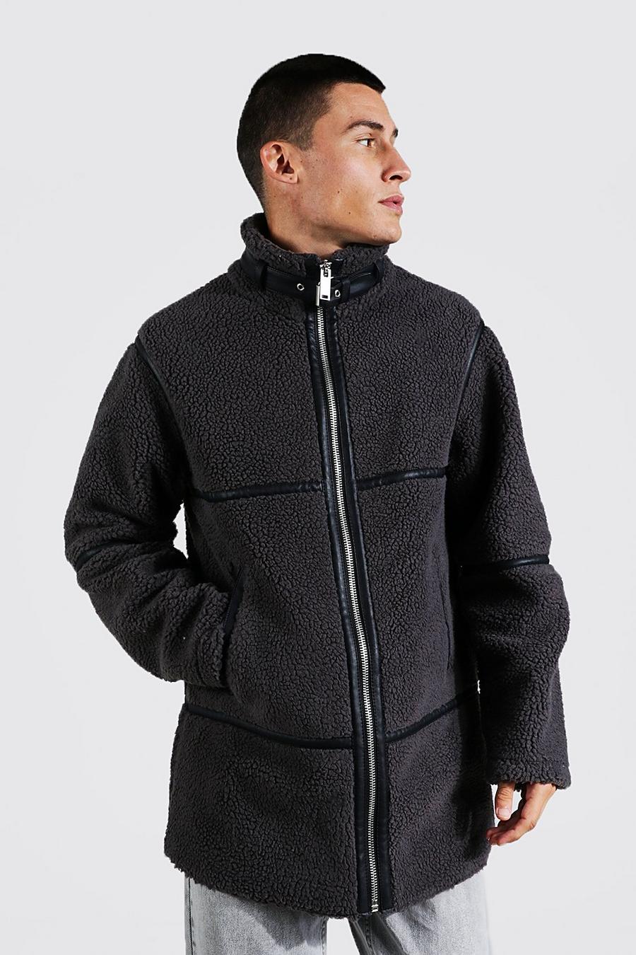 Charcoal grey Borg Longline Leather Look Trim Funnel Neck