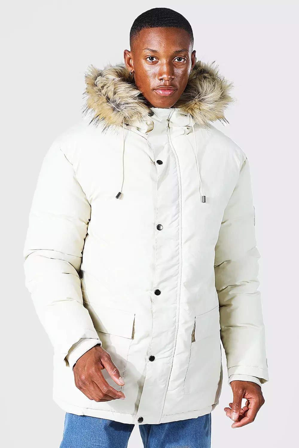 Hollister Padded Parka With Faux Fur Hood in Grey Camo