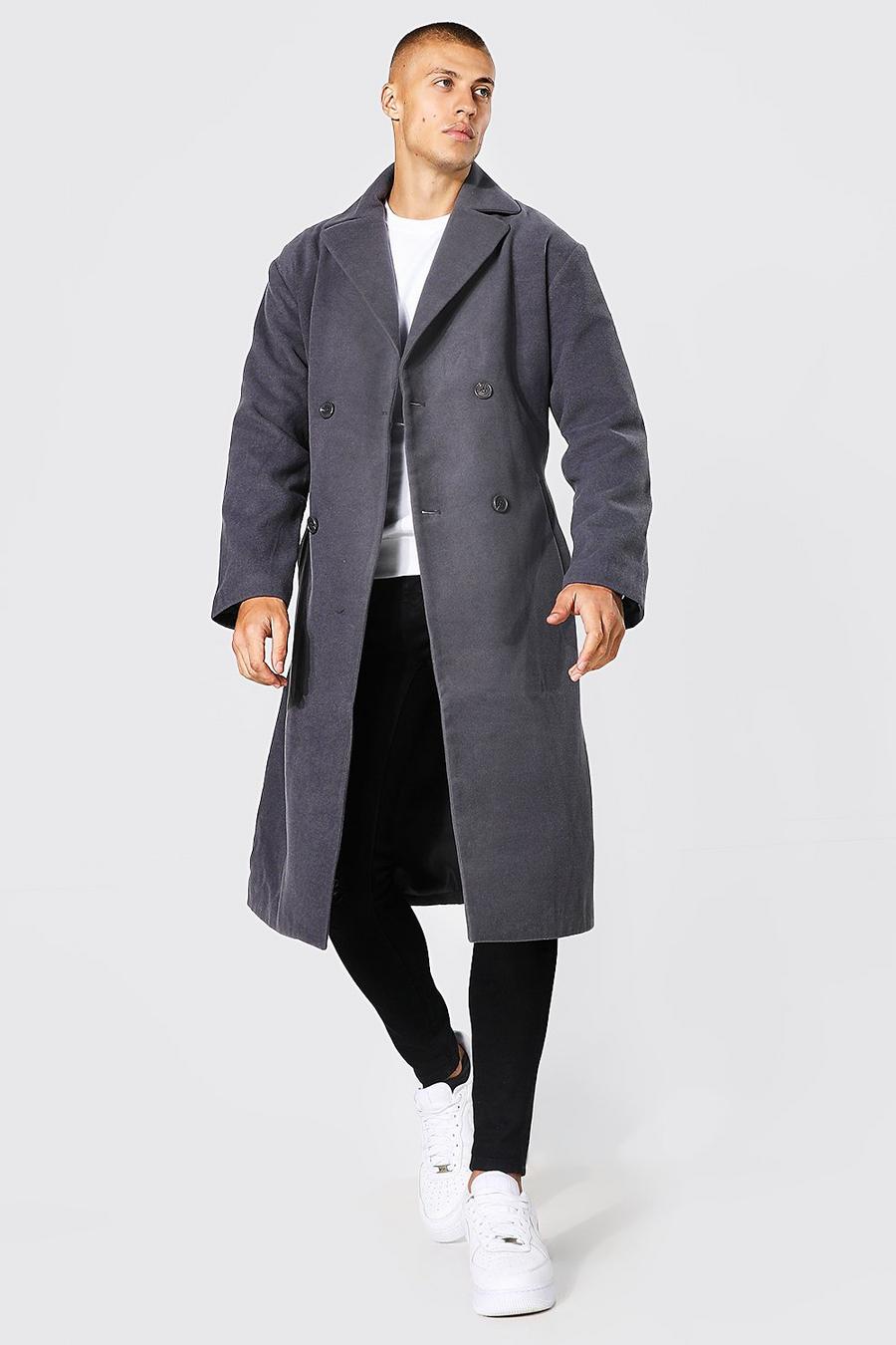 Charcoal grey Double Breasted Quilted Back Panel Overcoat