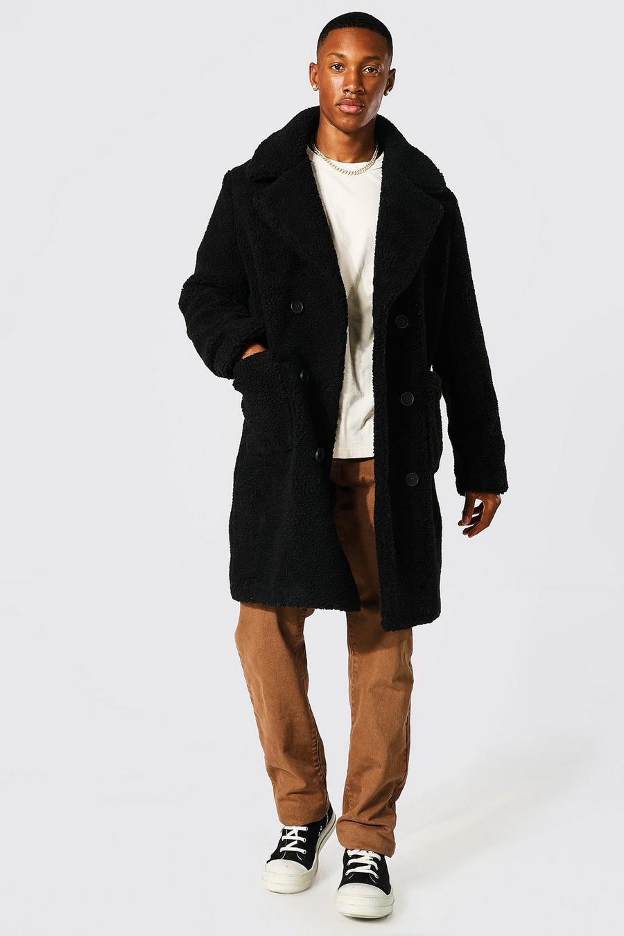 Black Double Breasted Borg Overcoat