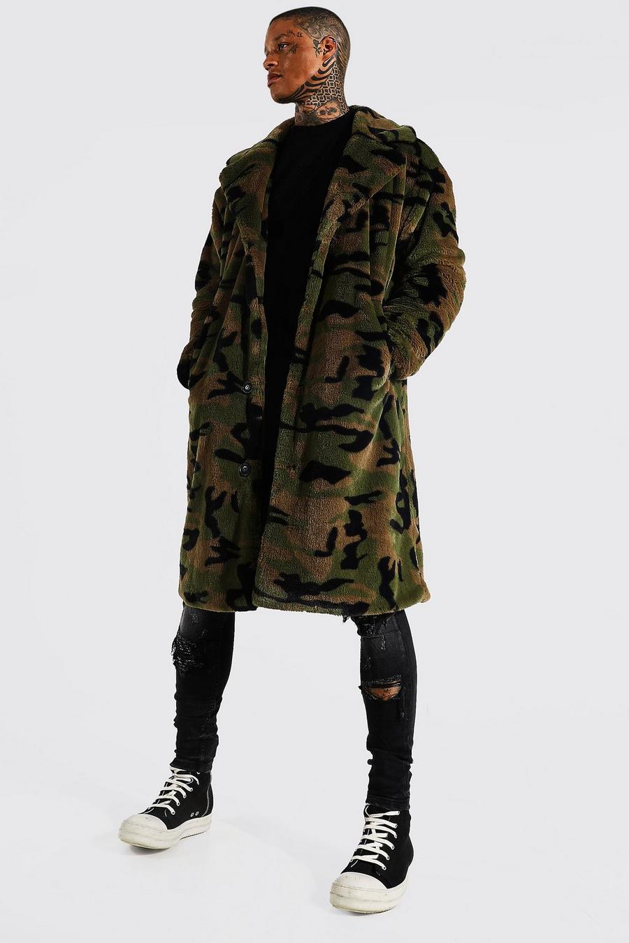 Khaki Camo Print Faux Fur Longline Coat image number 1