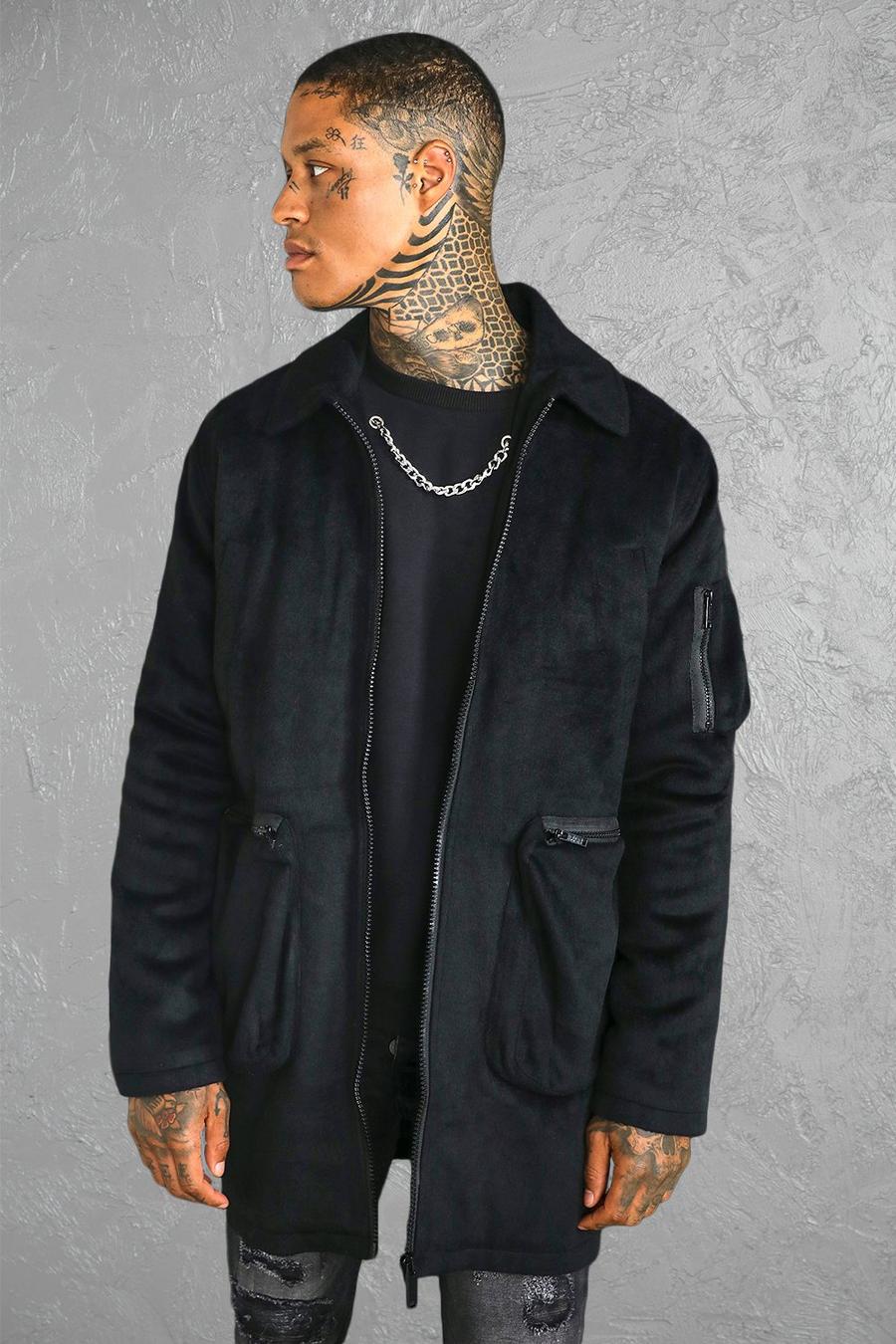 Manteau zippé uni style utilitaire, Black