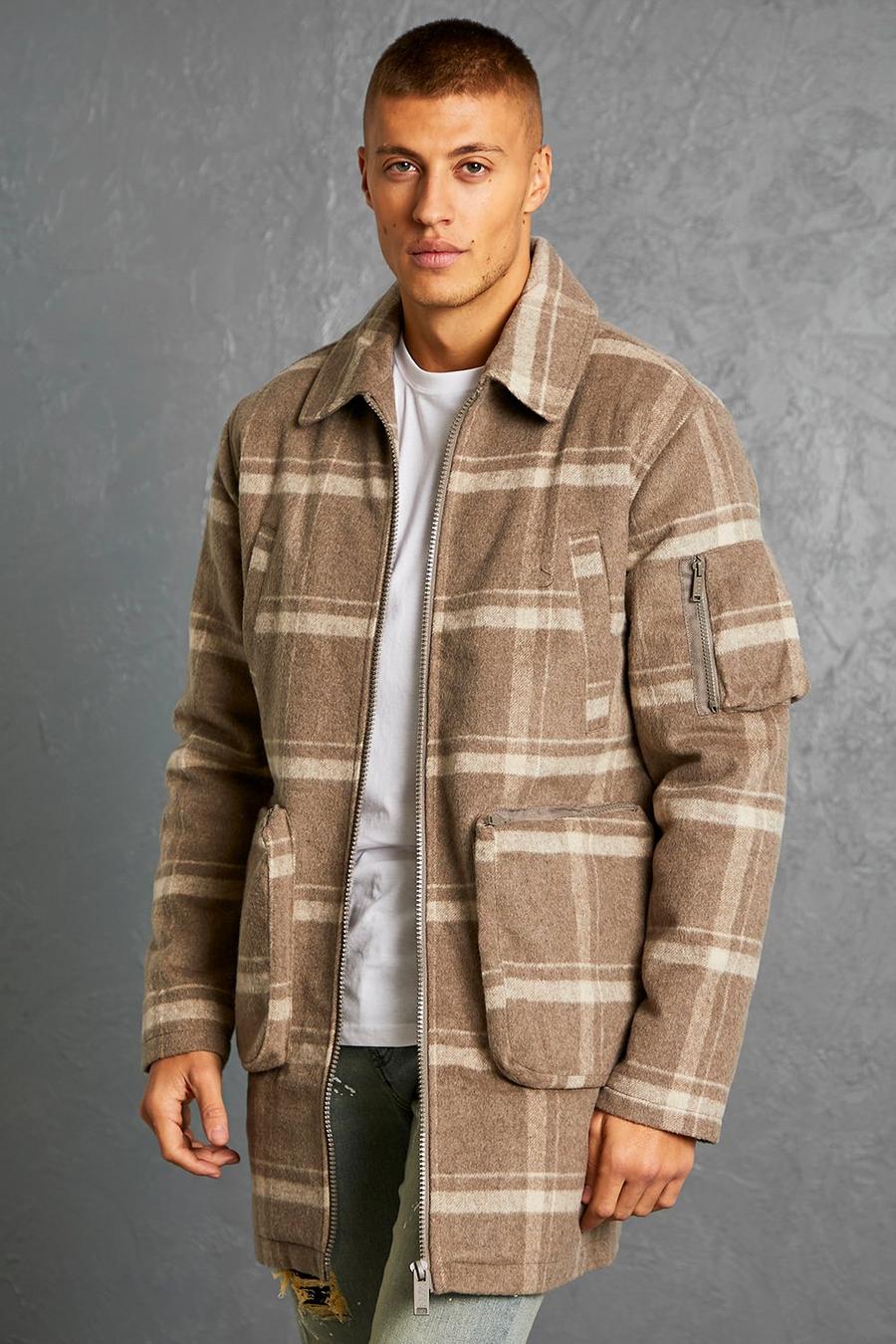 Stone beis Check Utility Zip Through Overcoat image number 1