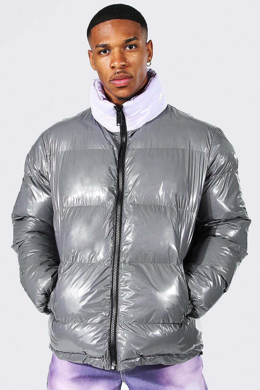 Grey High Shine Contrast Funnel Neck Puffer image number 1