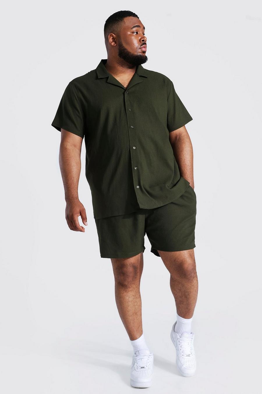Pantalón y camisa cortos Plus texturizados, Khaki image number 1