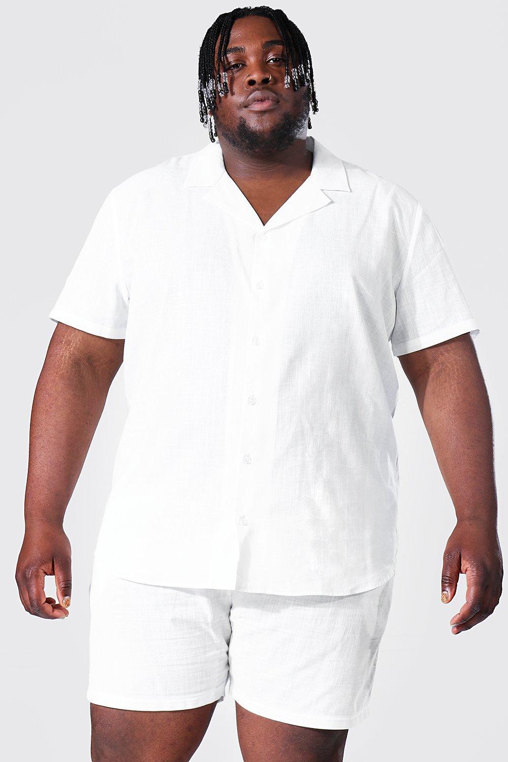 Men s Plus Short Sleeve Linen Shirt And Short Boohoo UK