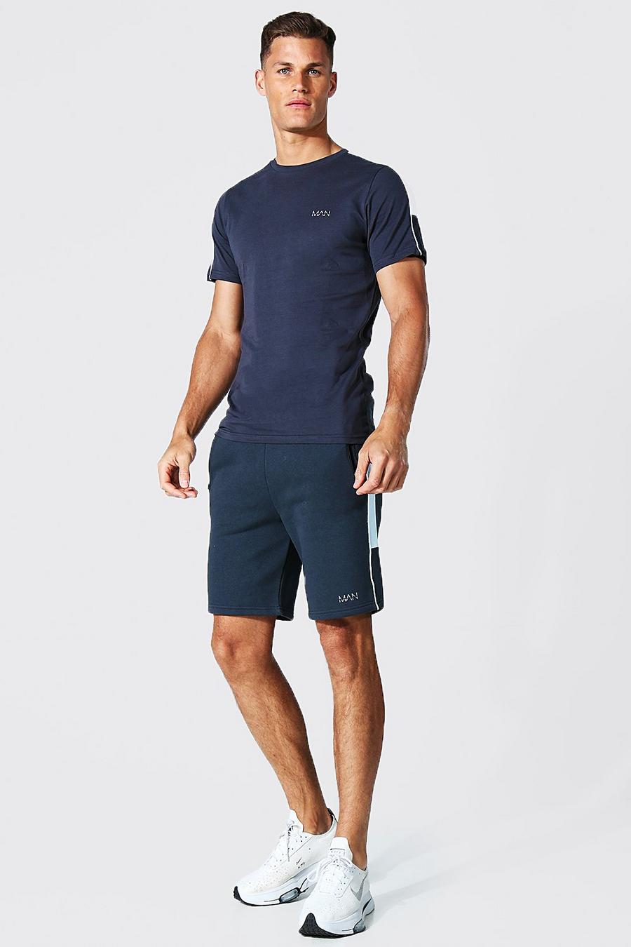 Navy Tall Man Active T-Shirt Met Zijstreep En Shorts Set image number 1